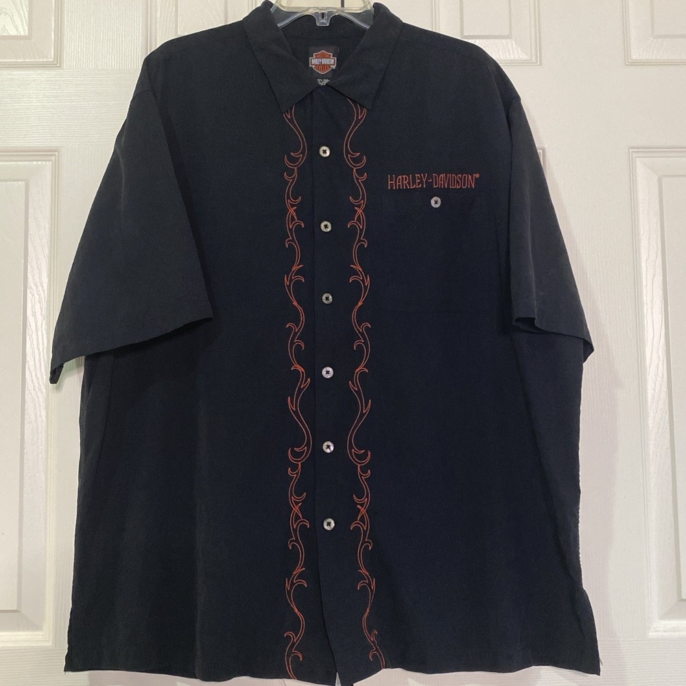 Vintage Harley Davidson Button Up Shirt Men 2XL Black Silk Tribal Graphic Art